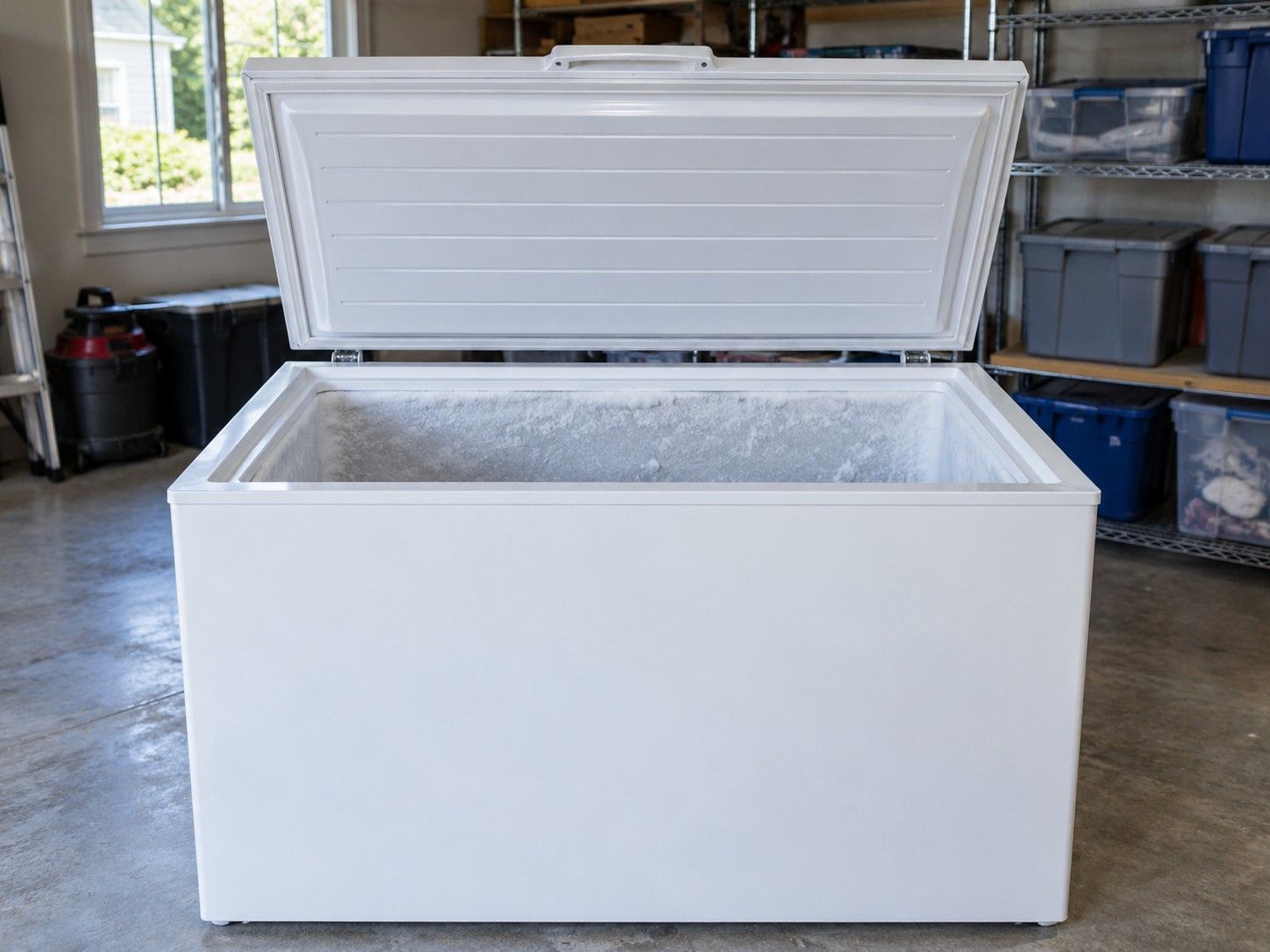 White chest freezer with its lid open in a garage, frost on the inner walls and storage bins on shelves behind