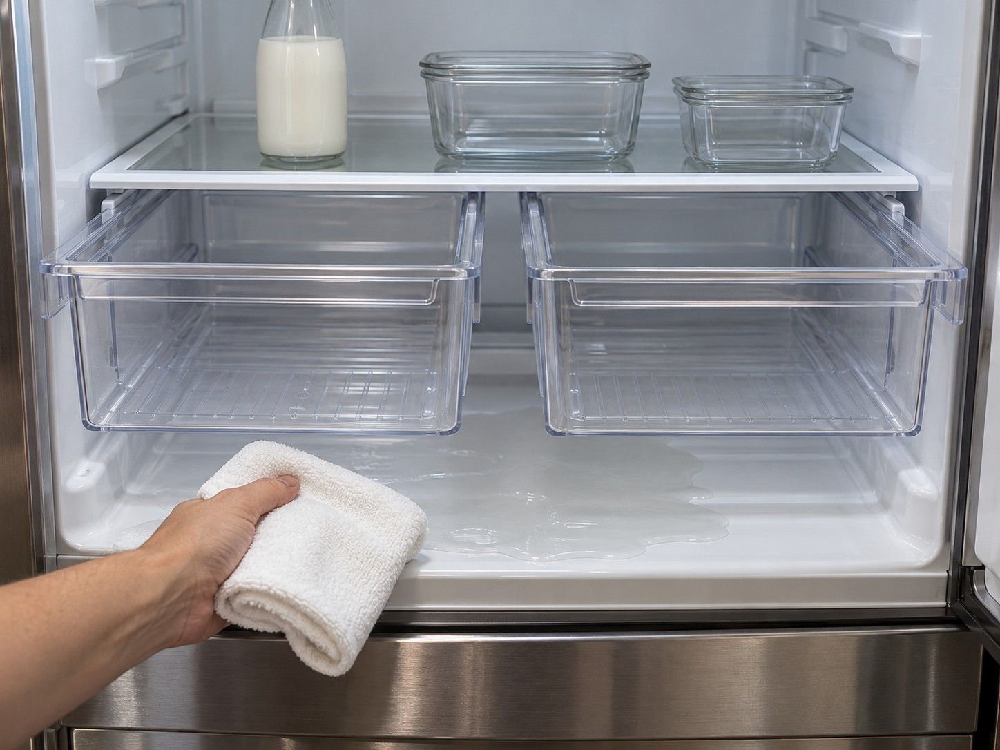Water pooled on the floor of an open refrigerator beneath two clear crisper drawers, with a hand bringing a folded white towel to soak it up