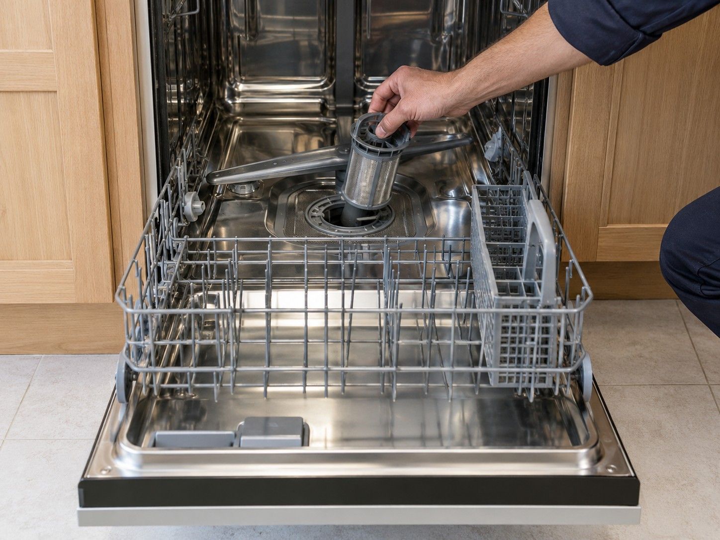 Open dishwasher with the lower rack pulled out and a hand lifting the cylindrical filter out of the sump at the bottom of the tub