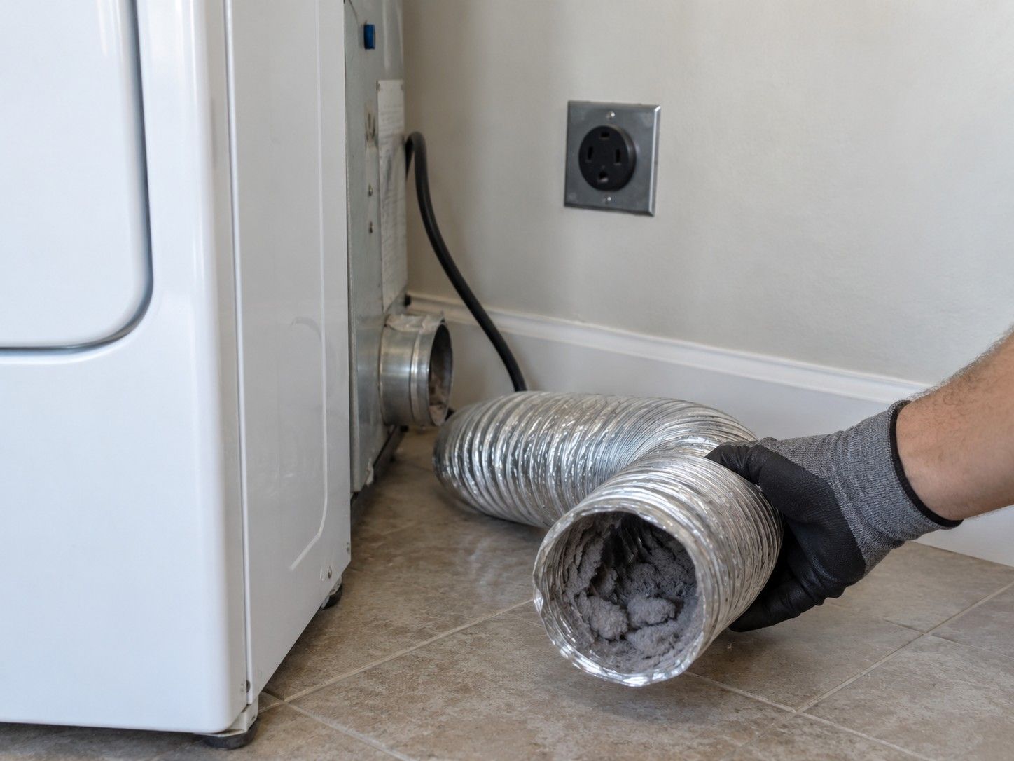 Gloved hand holding a lint-packed foil transition duct pulled off the back of a white dryer, with a four-prong dryer outlet on the wall