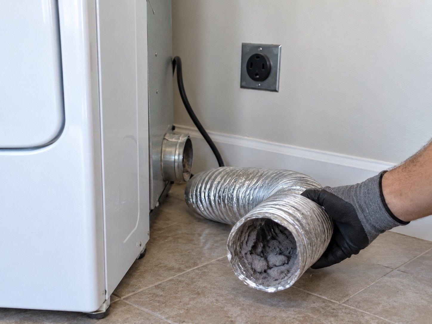 Close view of a flexible foil dryer duct lying on the floor with a thick layer of lint inside, a dryer and wall outlet behind it