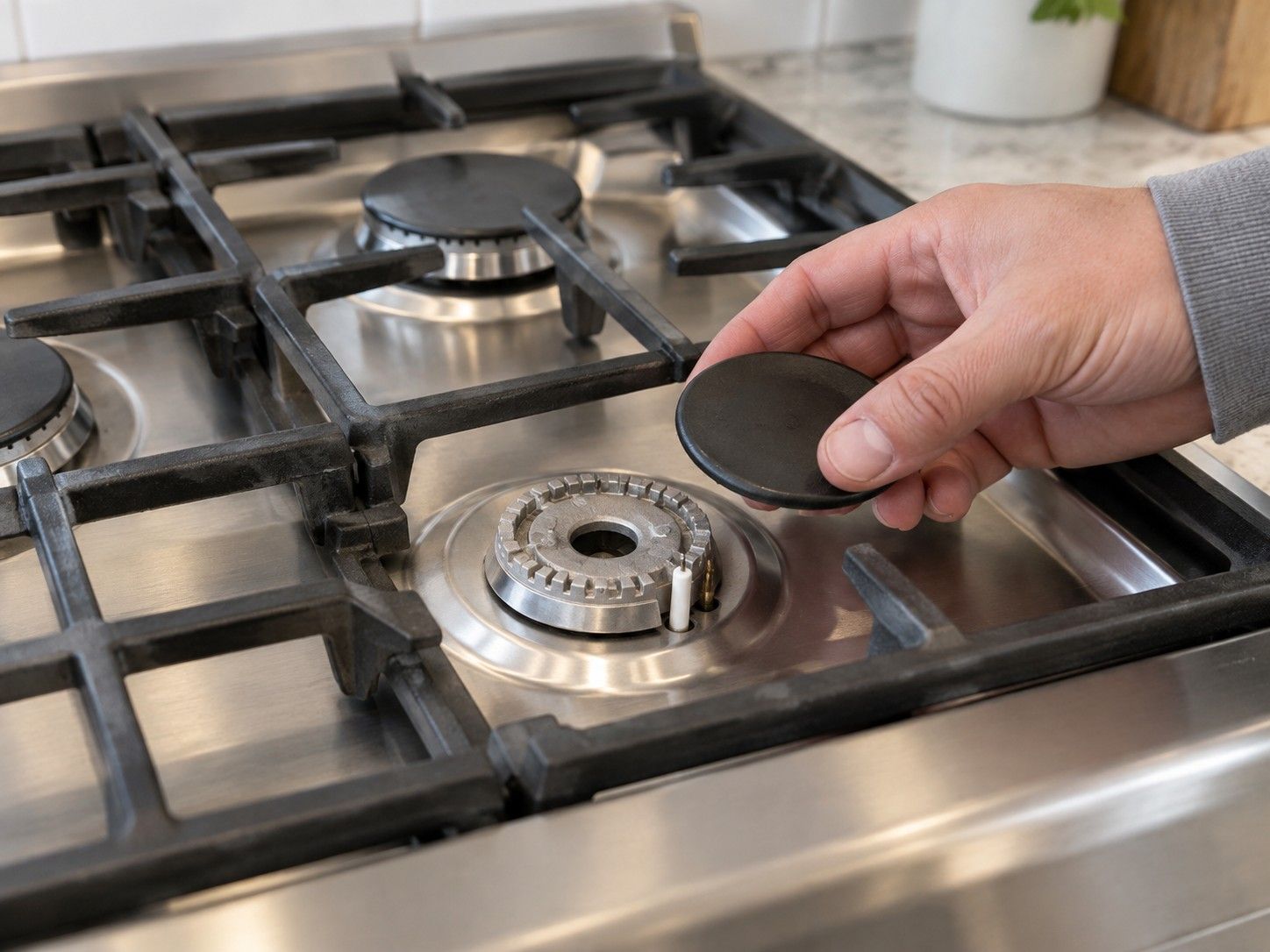 Hand lifting a black burner cap off a sealed gas burner on a stainless cooktop, exposing the burner head and the white spark electrode