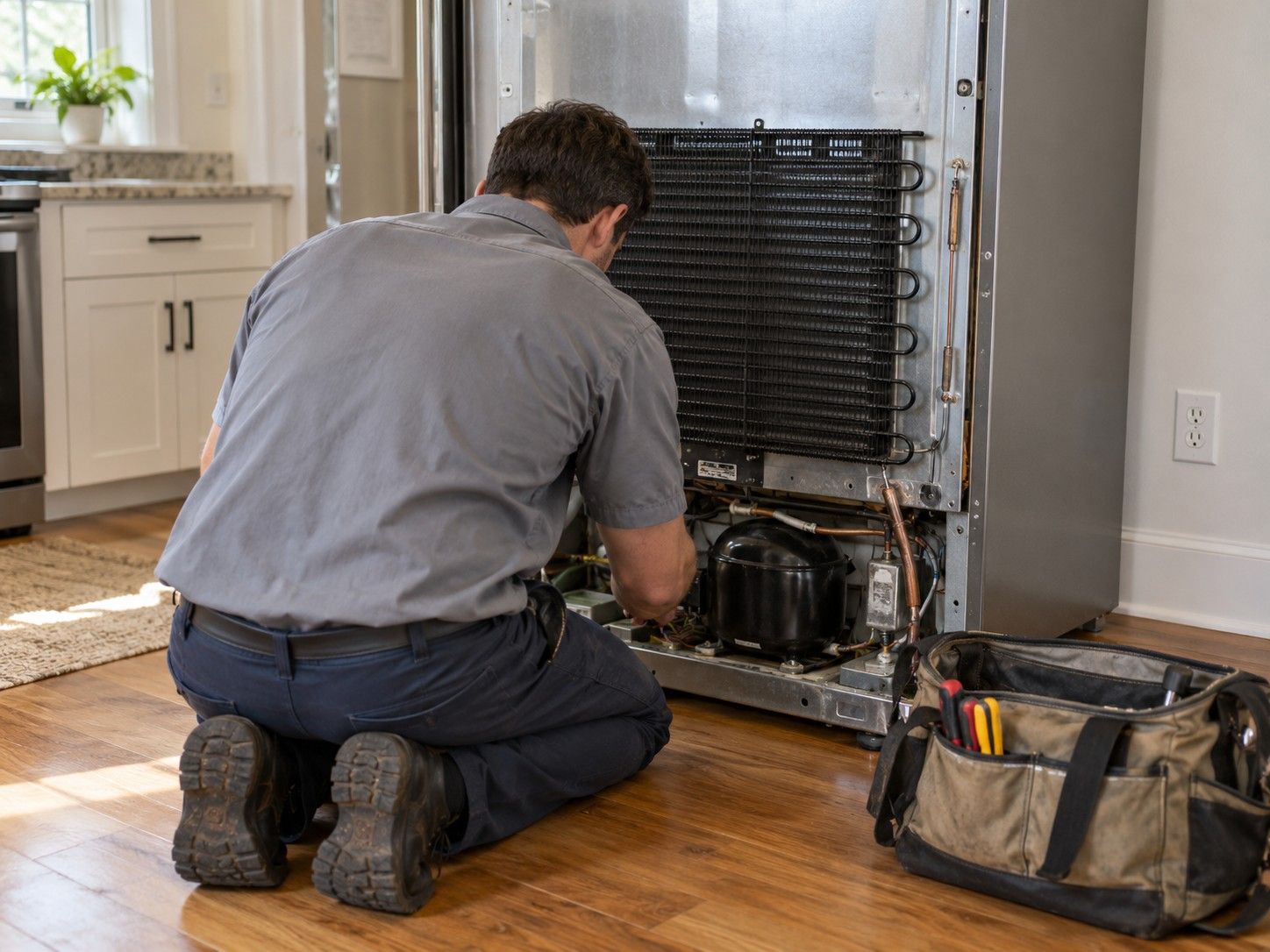 Technician in a gray shirt kneeling behind a refrigerator pulled out from the wall, working near the compressor and condenser coil, a tool bag beside him