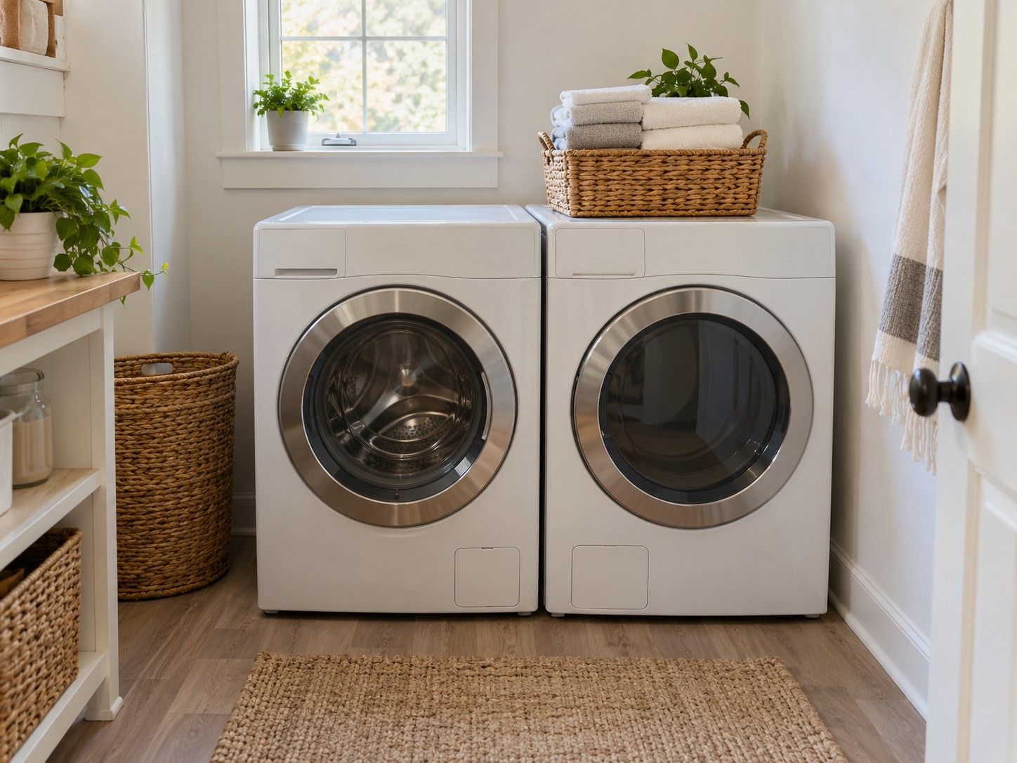 A front-load washer and matching dryer side by side in a small laundry room with a basket of folded towels on top