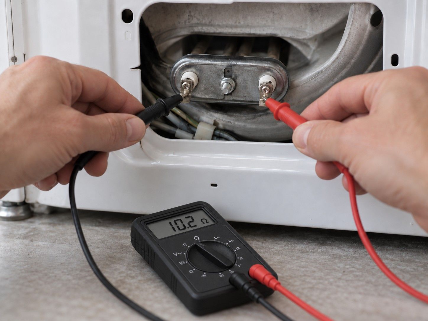 Two hands touching black and red meter probes to the terminals of a washing machine heating element through an open service panel, with a black multimeter on the floor reading 10.2 ohms