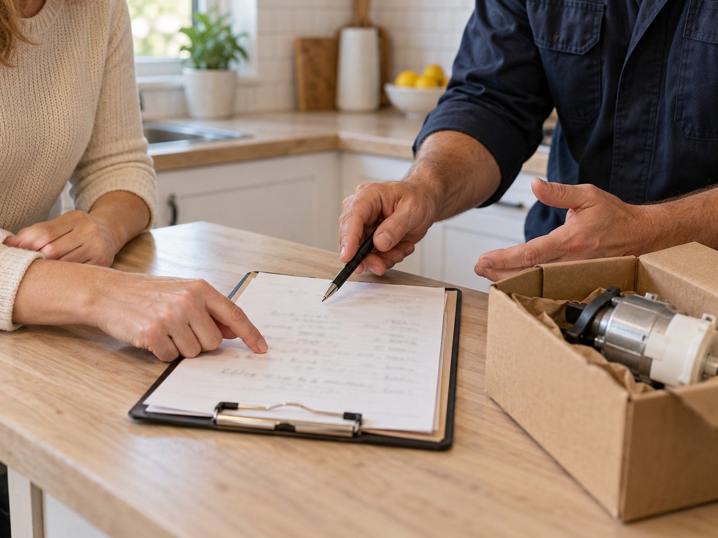 A homeowner and a technician at a kitchen counter looking over a handwritten estimate on a clipboard beside a boxed replacement part