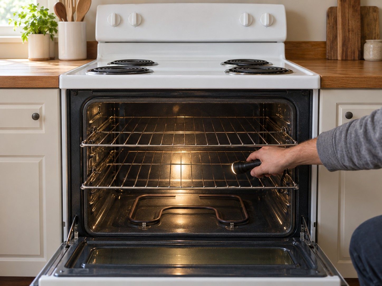 Hand shining a flashlight into an open electric oven to check the bake element, with the racks pulled forward