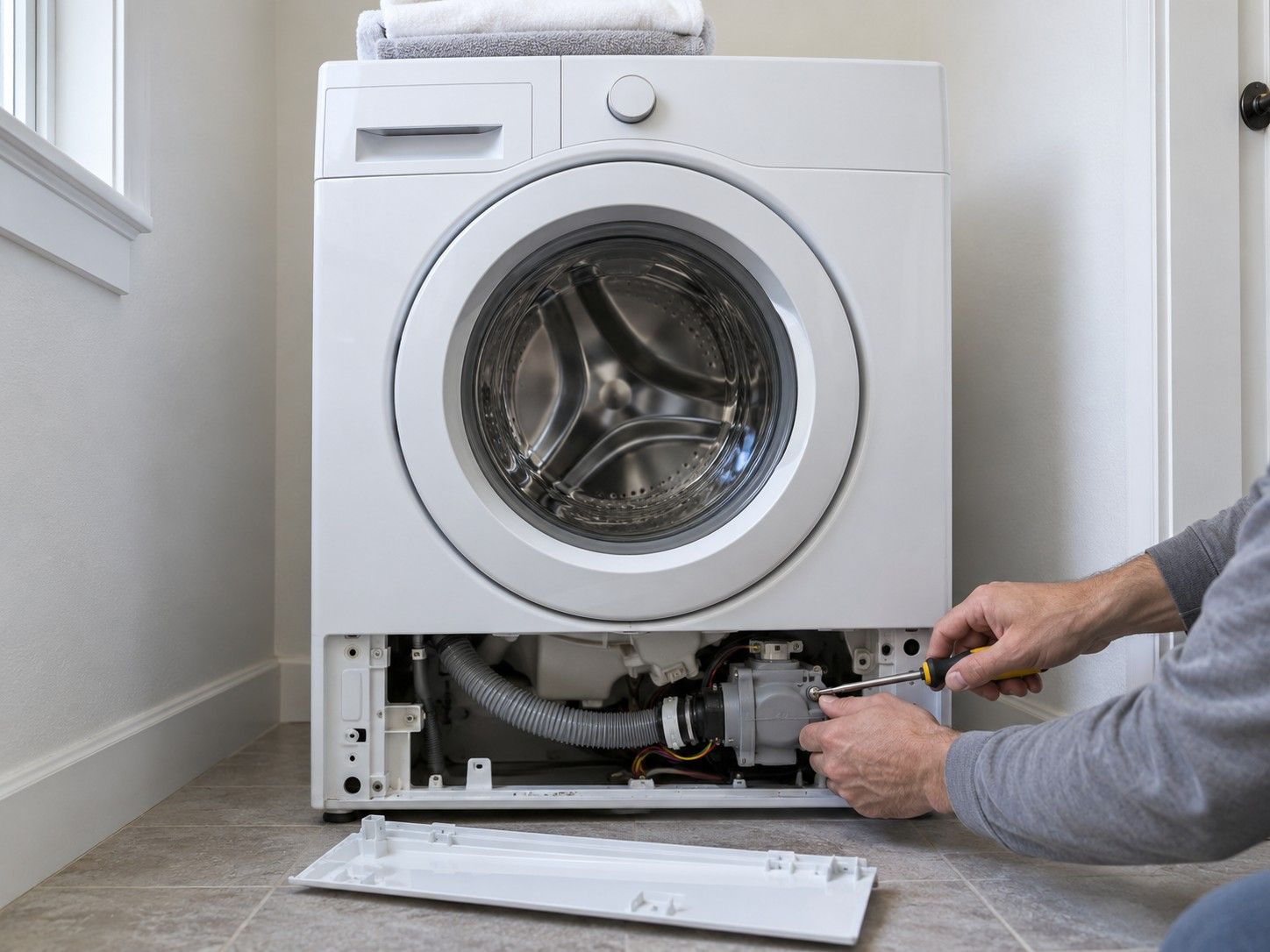 Technician's hands with a screwdriver at a front-load washer with the lower front panel removed, showing the drain pump and hoses