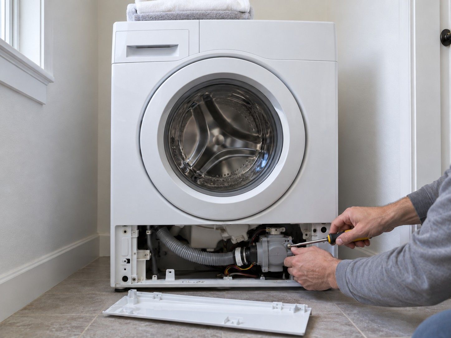 Front-load washer with its bottom access panel on the floor and a hand reaching to the drain pump assembly